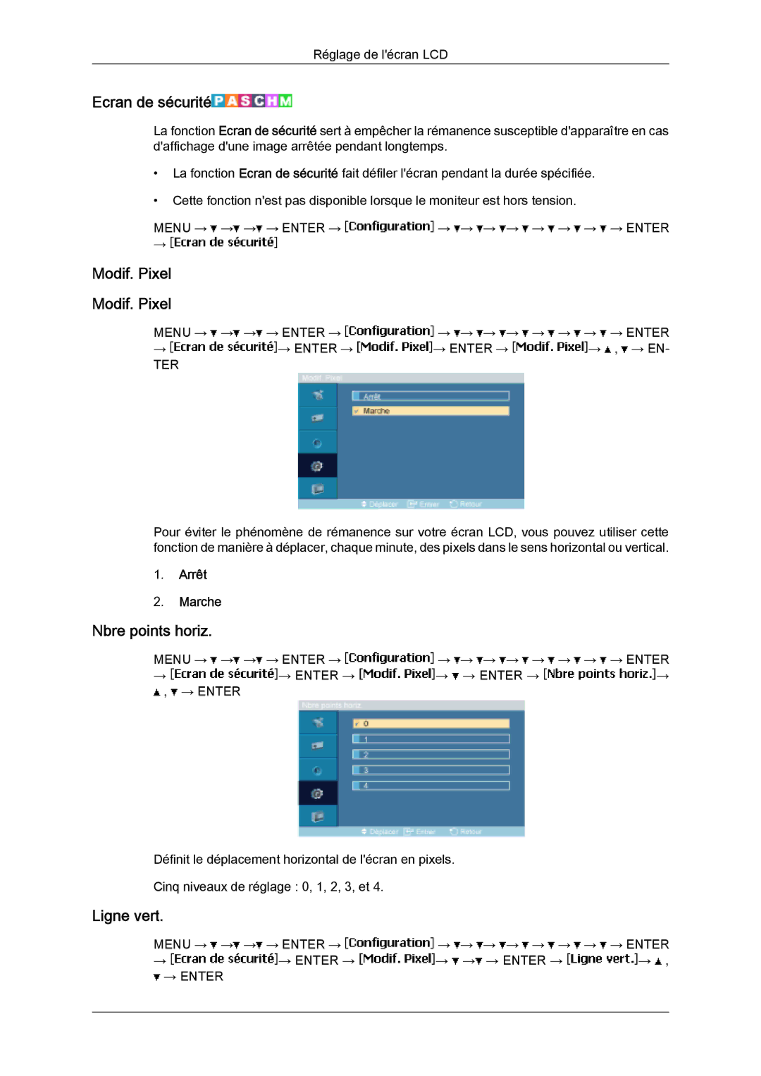 Samsung LH46SOTMBC/EN, LH46SOUQSC/EN, LH46SOQQSC/EN manual Ecran de sécurité, Modif. Pixel, Nbre points horiz, Ligne vert 