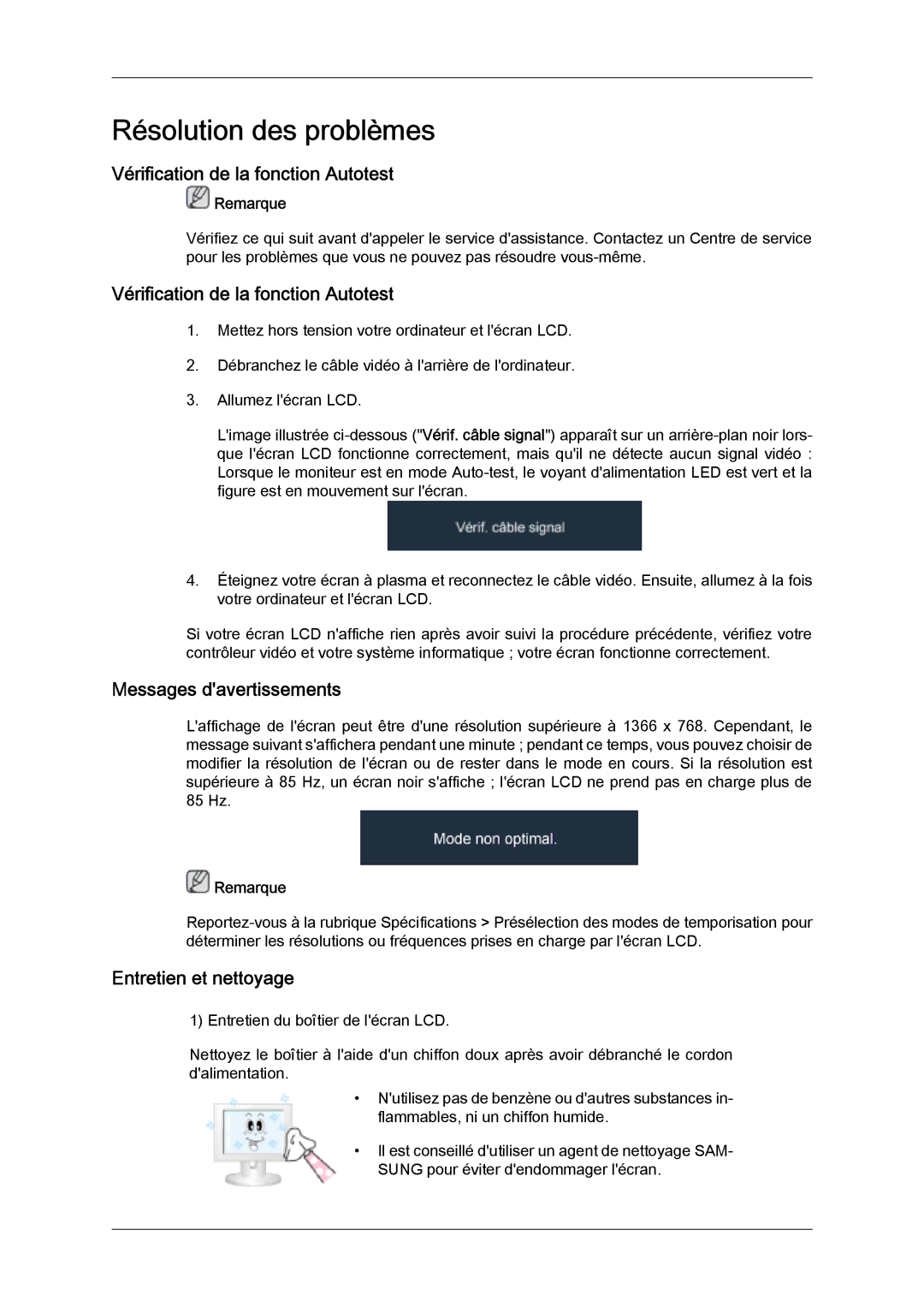 Samsung LH46SOPMBC/EN manual Vérification de la fonction Autotest, Messages davertissements, Entretien et nettoyage 