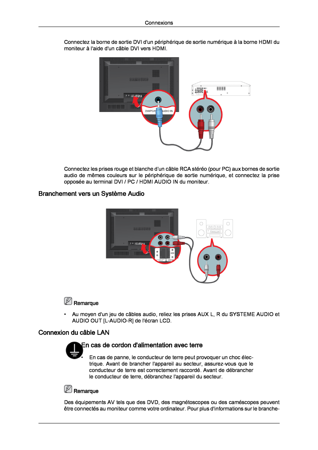 Samsung LH46SOQMSC/EN Branchement vers un Système Audio, Connexion du câble LAN En cas de cordon dalimentation avec terre 