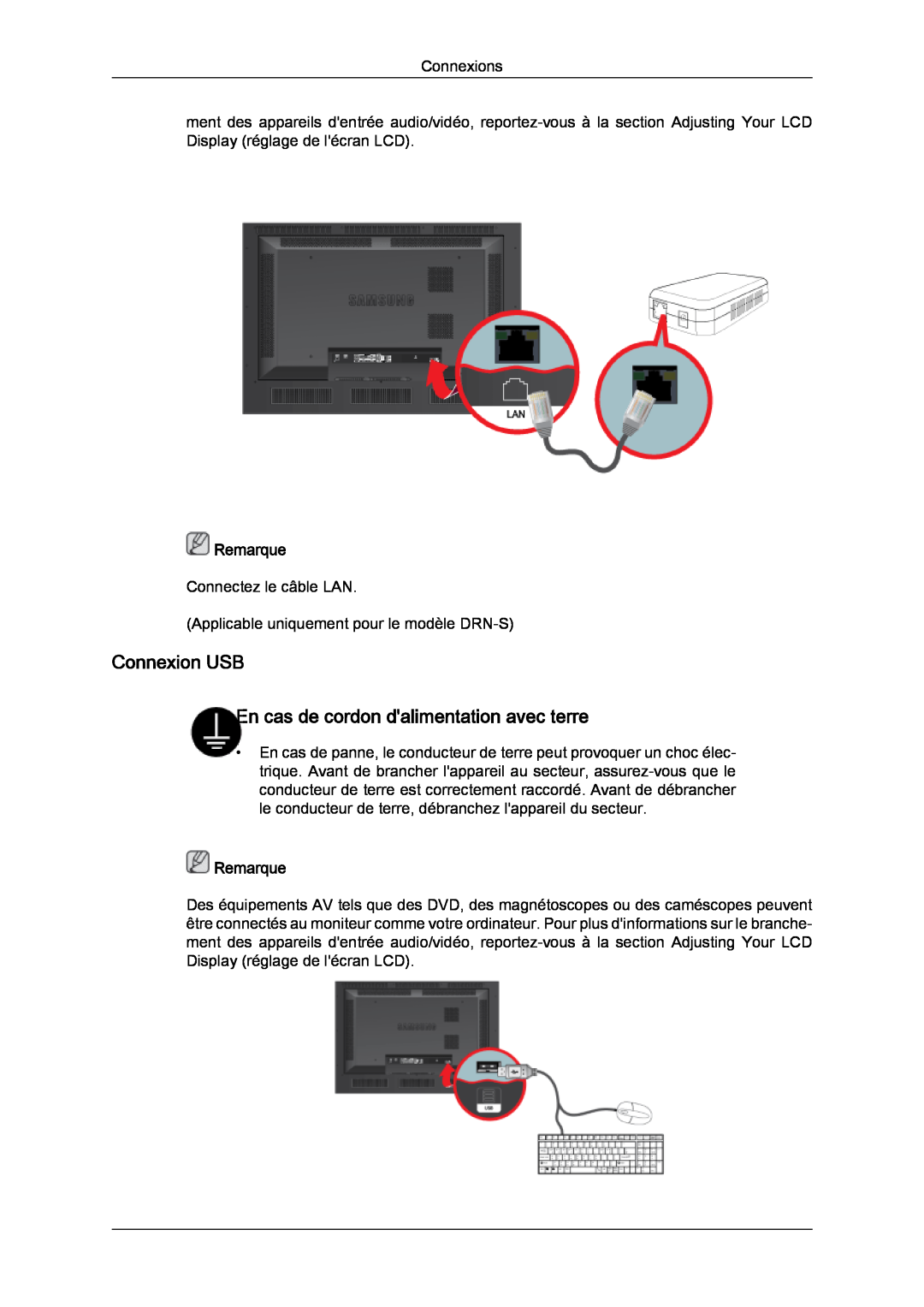 Samsung LH46SOPQBC/EN, LH46SOUQSC/EN, LH46SOTMBC/EN manual Connexion USB En cas de cordon dalimentation avec terre, Remarque 