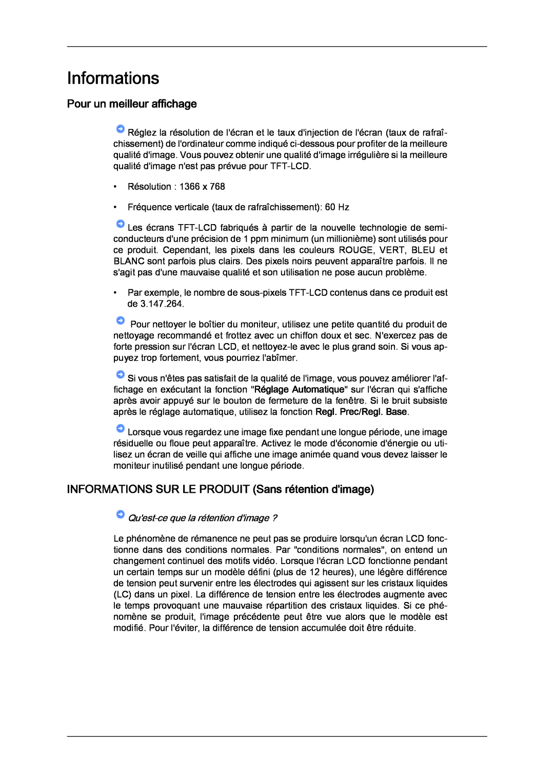 Samsung LH46SOTQBC/EN manual Informations, Pour un meilleur affichage, INFORMATIONS SUR LE PRODUIT Sans rétention dimage 
