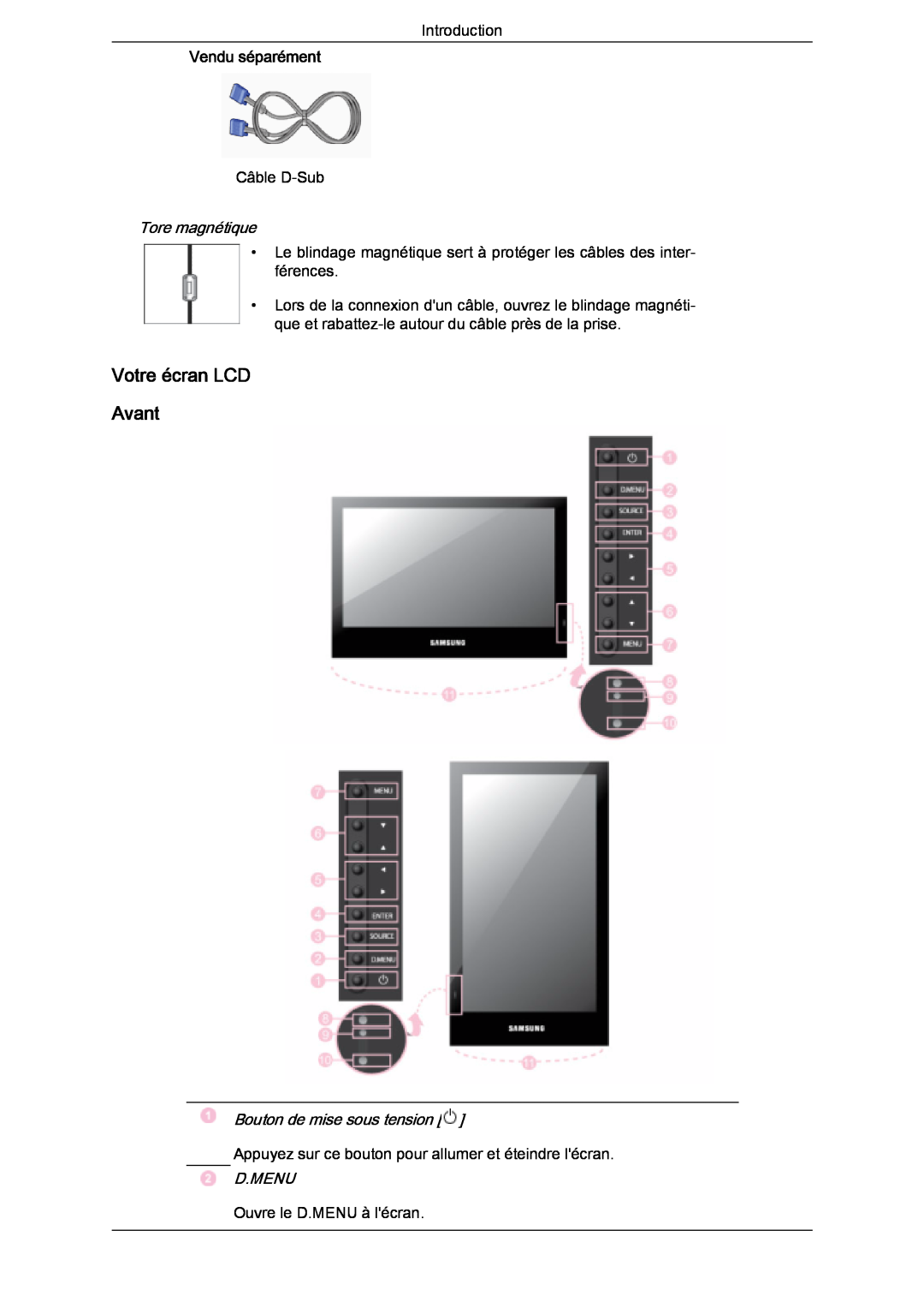 Samsung LH46SOUMSC/EN, LH46SOUQSC/EN manual Votre écran LCD Avant, Tore magnétique, Bouton de mise sous tension, D.Menu 
