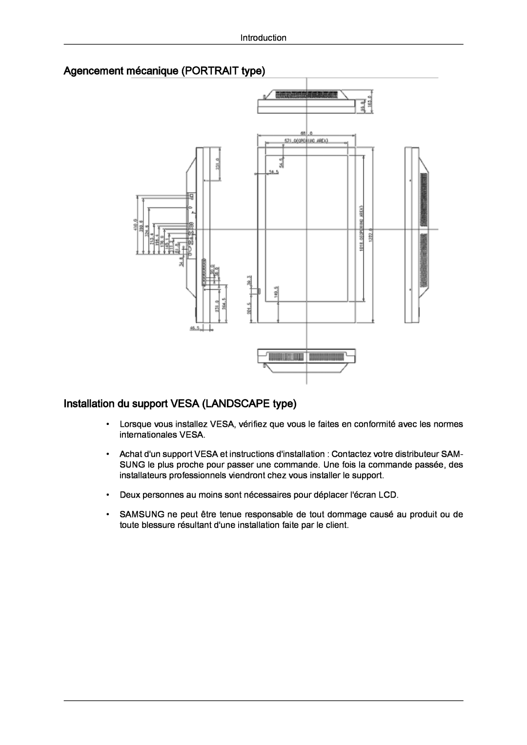 Samsung LH46SOTQBC/EN, LH46SOUQSC/EN manual Agencement mécanique PORTRAIT type, Installation du support VESA LANDSCAPE type 