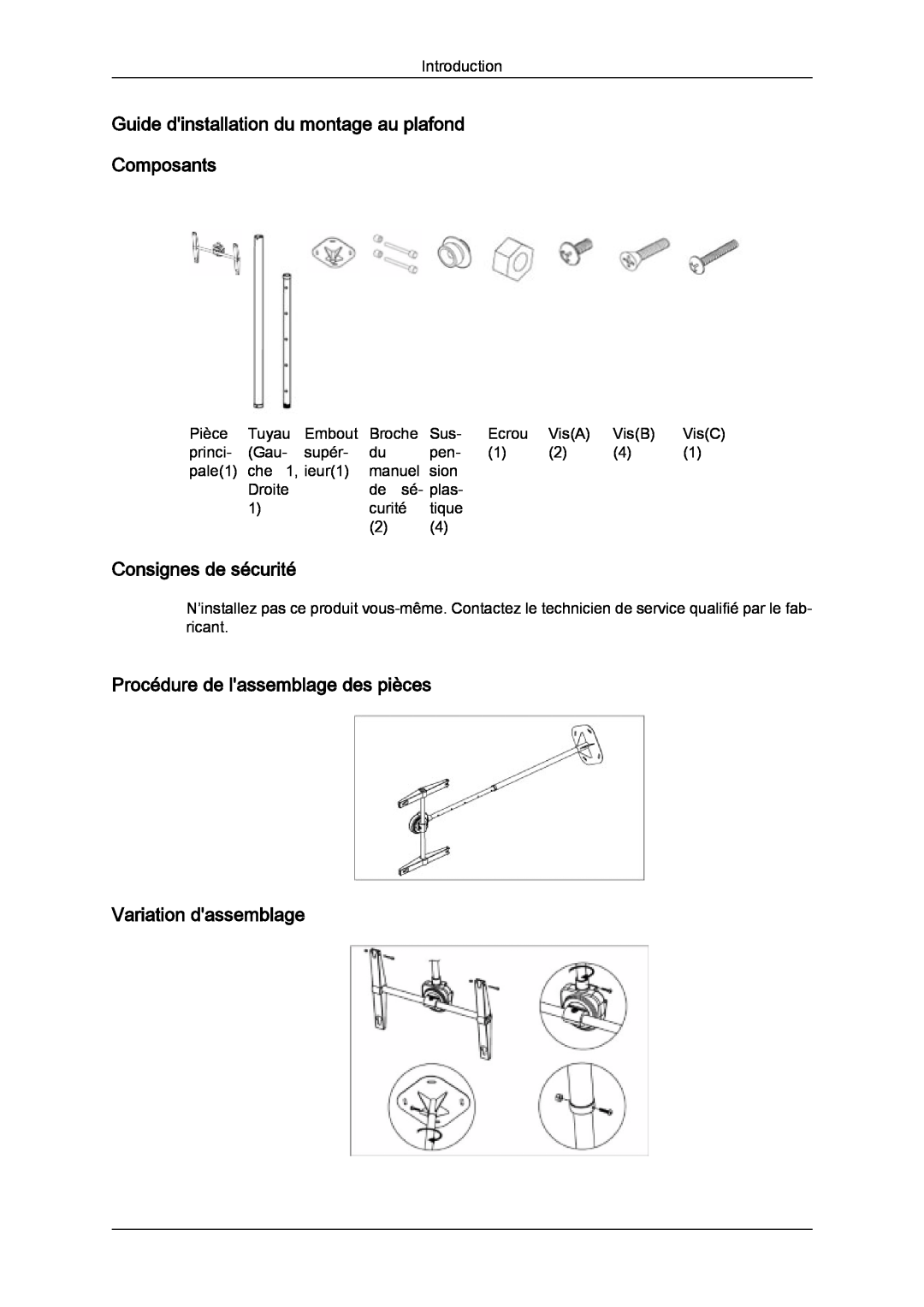 Samsung LH46SOUMSC/EN, LH46SOUQSC/EN manual Guide dinstallation du montage au plafond Composants, Consignes de sécurité 