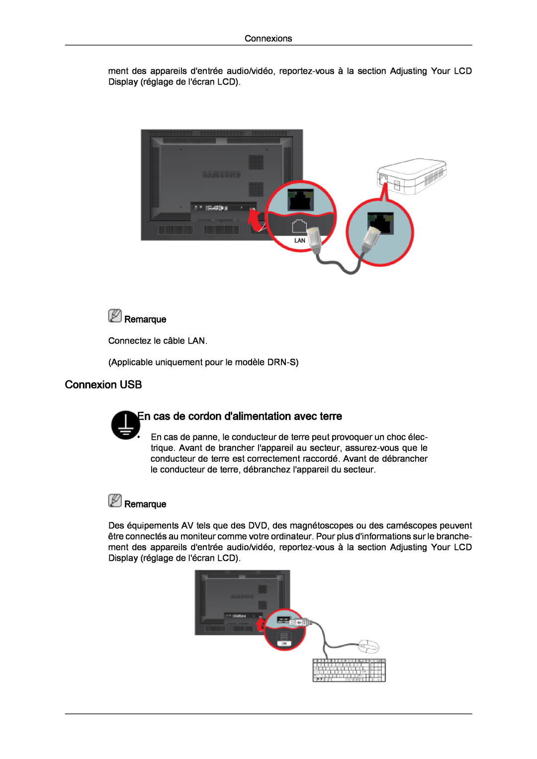 Samsung LH46SOQQSC/EN, LH46SOUQSC/EN, LH46SOTMBC/EN manual Connexion USB En cas de cordon dalimentation avec terre, Remarque 