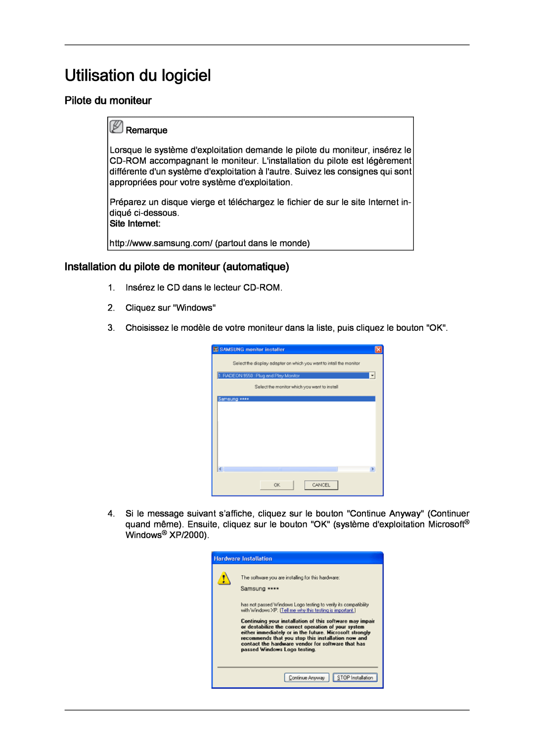 Samsung LH46SOUMSC/EN manual Utilisation du logiciel, Pilote du moniteur, Installation du pilote de moniteur automatique 