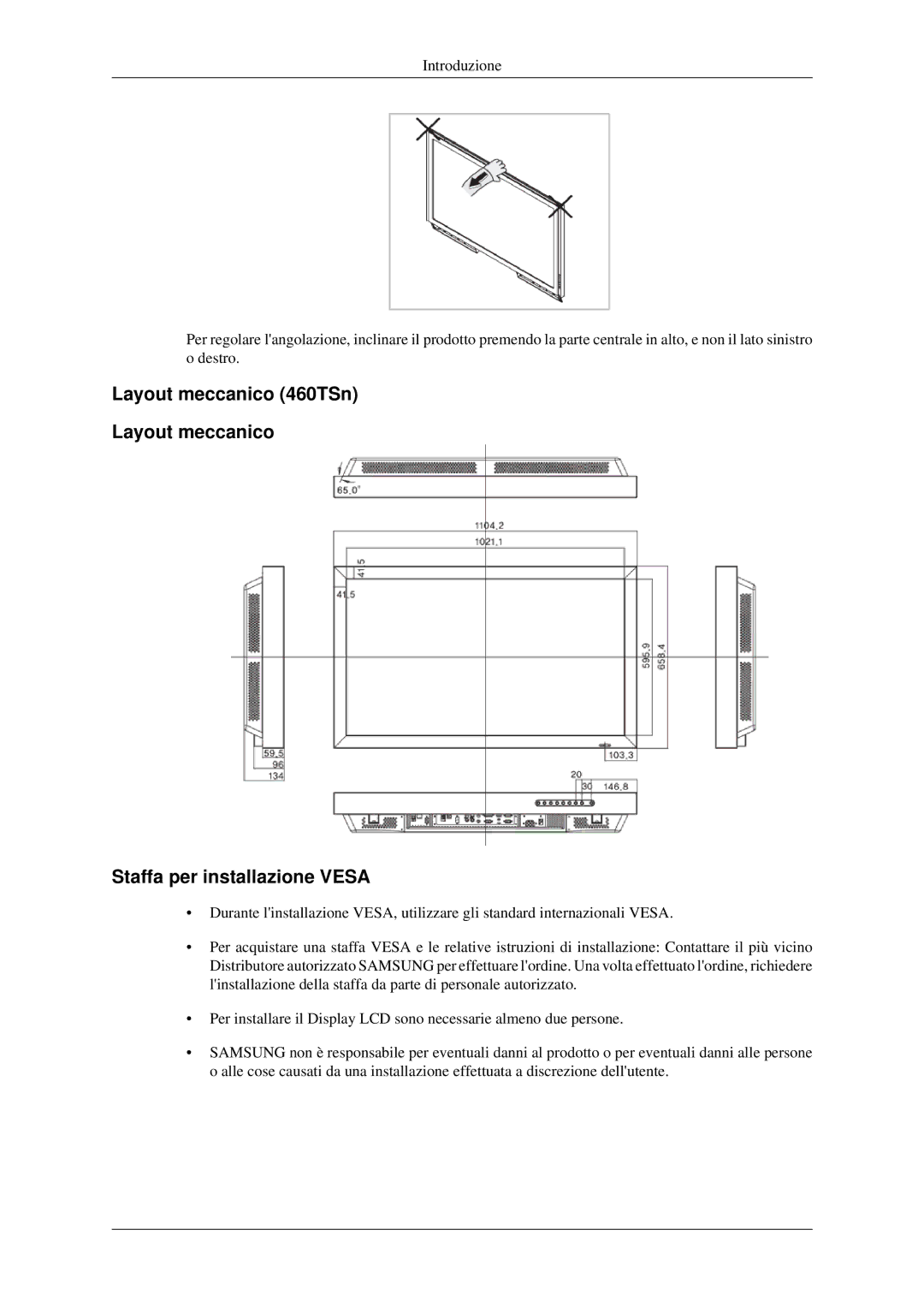 Samsung LH46TCTMBC/EN manual Layout meccanico 460TSn Staffa per installazione Vesa 