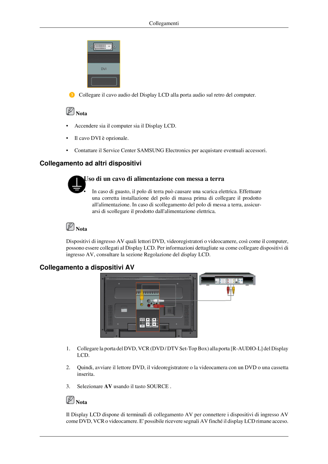 Samsung LH46TCTMBC/EN manual Collegamento ad altri dispositivi, Collegamento a dispositivi AV 