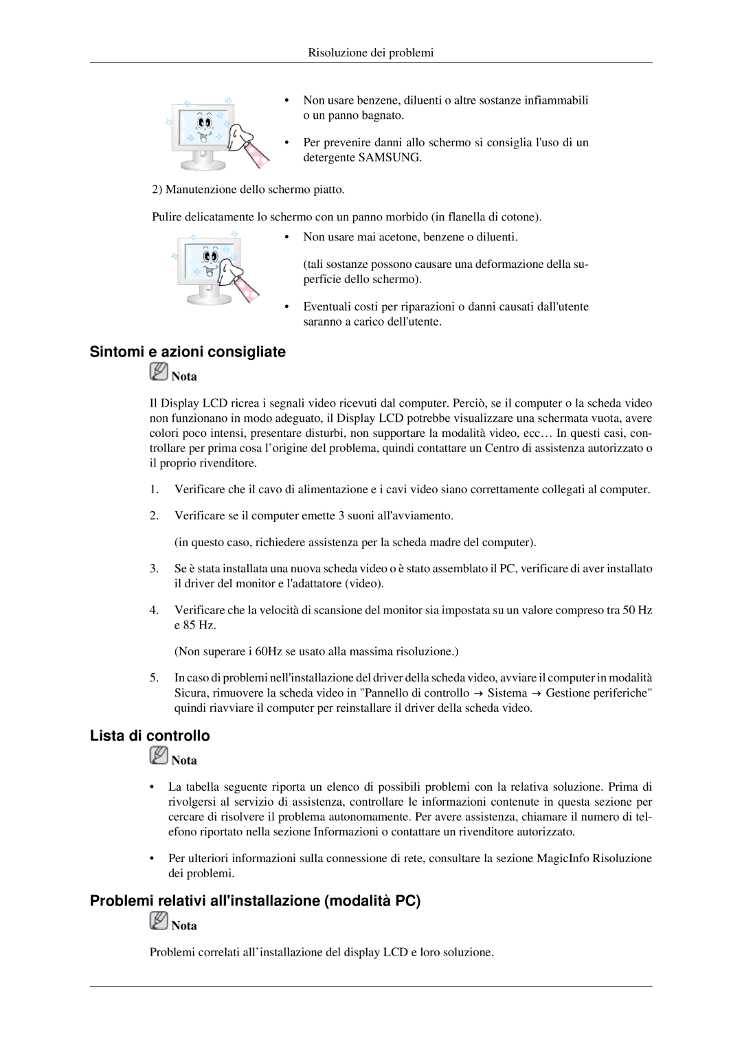 Samsung LH46TCTMBC/EN Sintomi e azioni consigliate, Lista di controllo, Problemi relativi allinstallazione modalità PC 