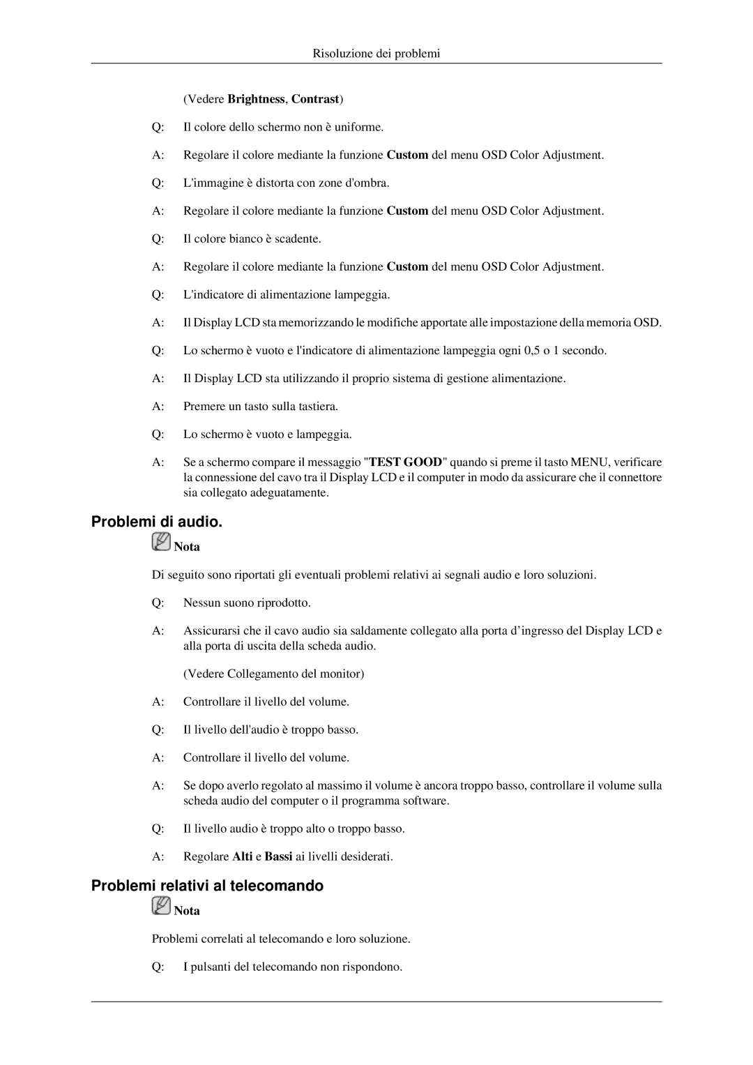 Samsung LH46TCTMBC/EN manual Problemi di audio, Problemi relativi al telecomando, Vedere Brightness, Contrast 