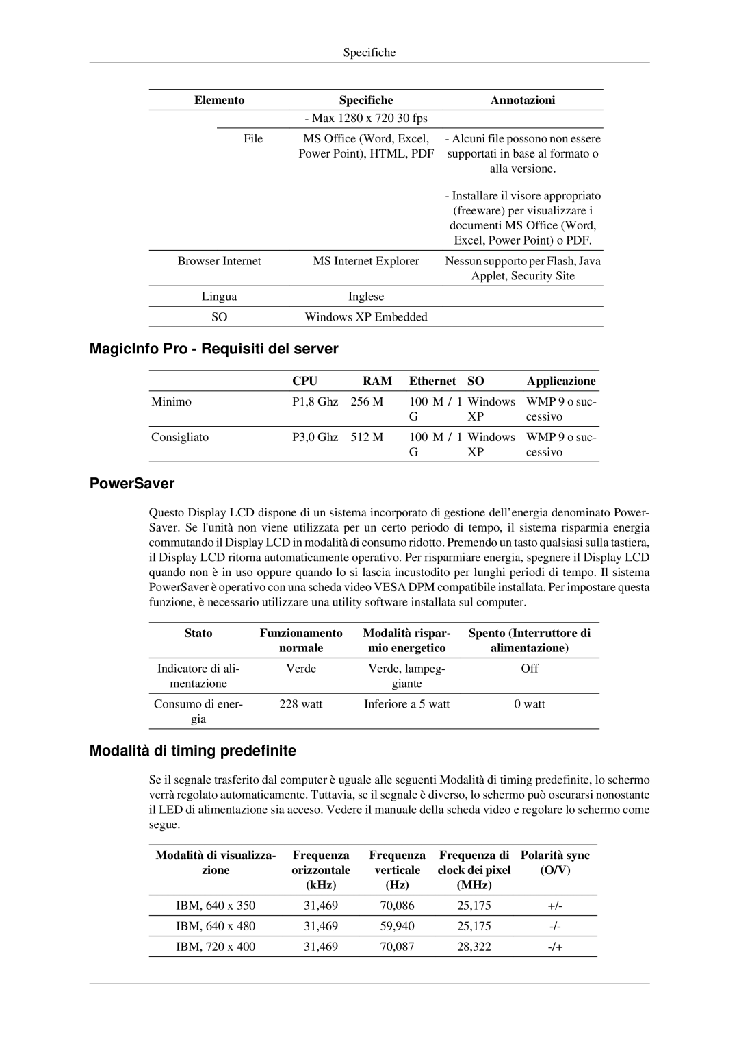 Samsung LH46TCTMBC/EN manual MagicInfo Pro Requisiti del server, PowerSaver, Modalità di timing predefinite 