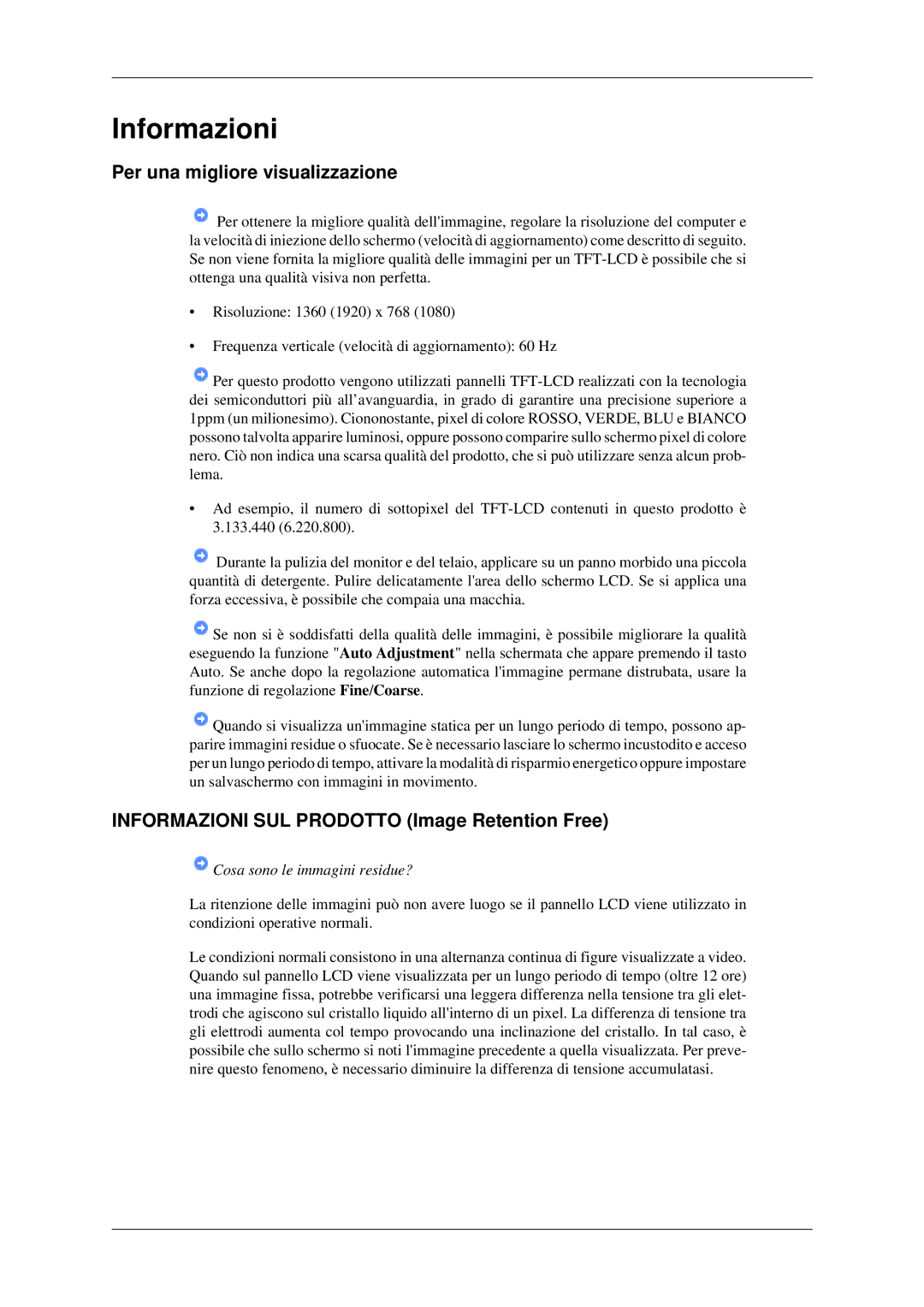 Samsung LH46TCTMBC/EN manual Per una migliore visualizzazione, Informazioni SUL Prodotto Image Retention Free 