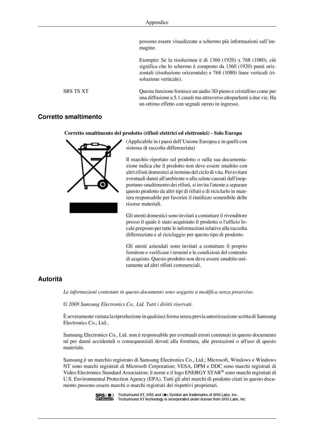 Samsung LH46TCTMBC/EN manual Corretto smaltimento, Autorità 