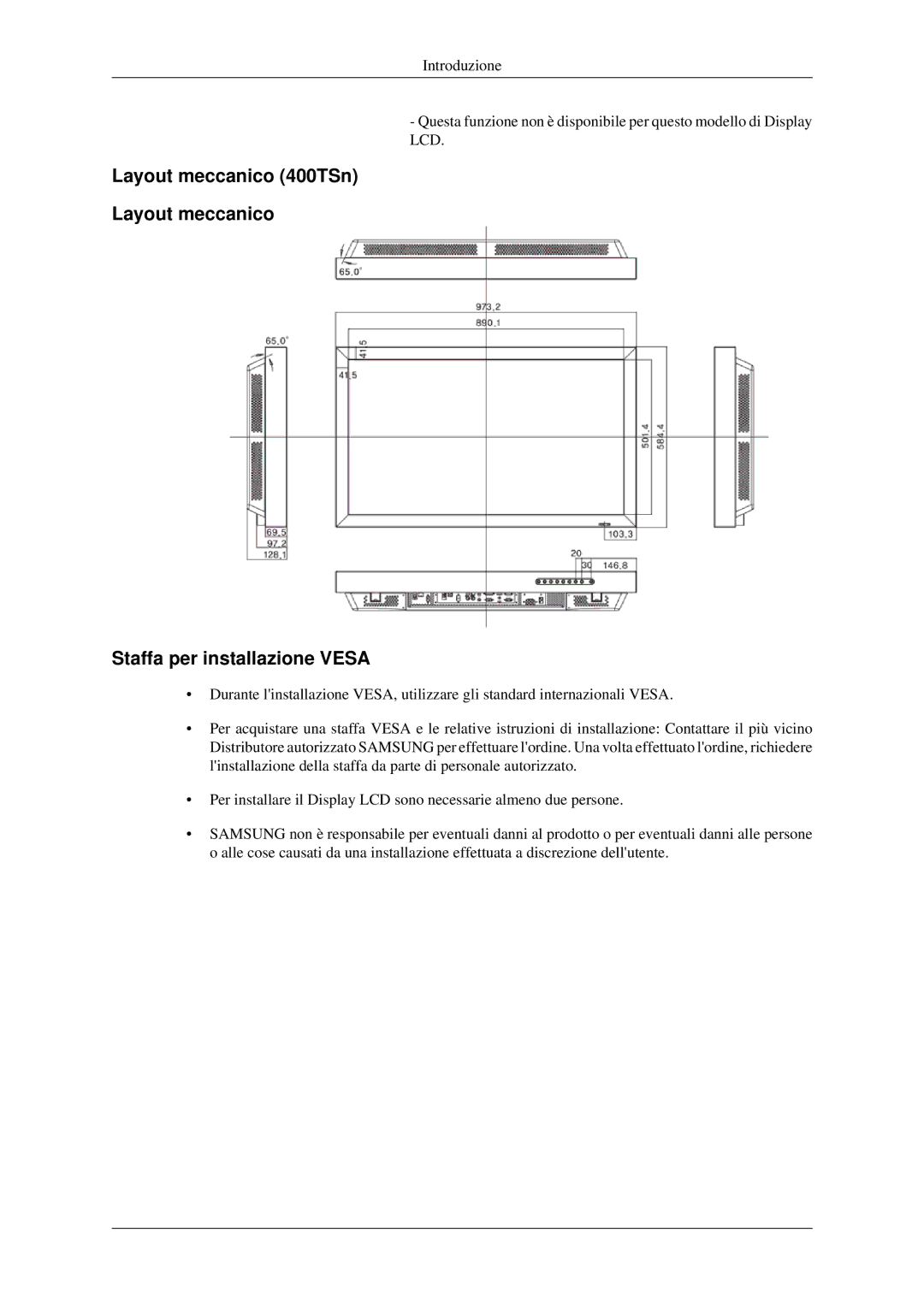 Samsung LH46TCTMBC/EN manual Layout meccanico 400TSn Staffa per installazione Vesa 