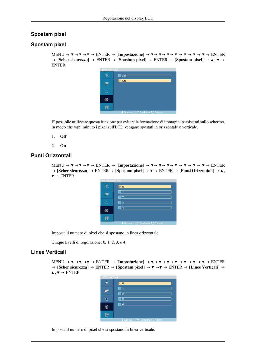 Samsung LH46TCTMBC/EN manual Spostam pixel, Punti Orizzontali, Linee Verticali 