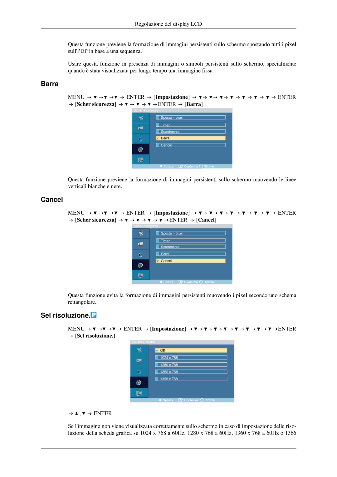 Samsung LH46TCTMBC/EN manual Barra, Cancel, Sel risoluzione 