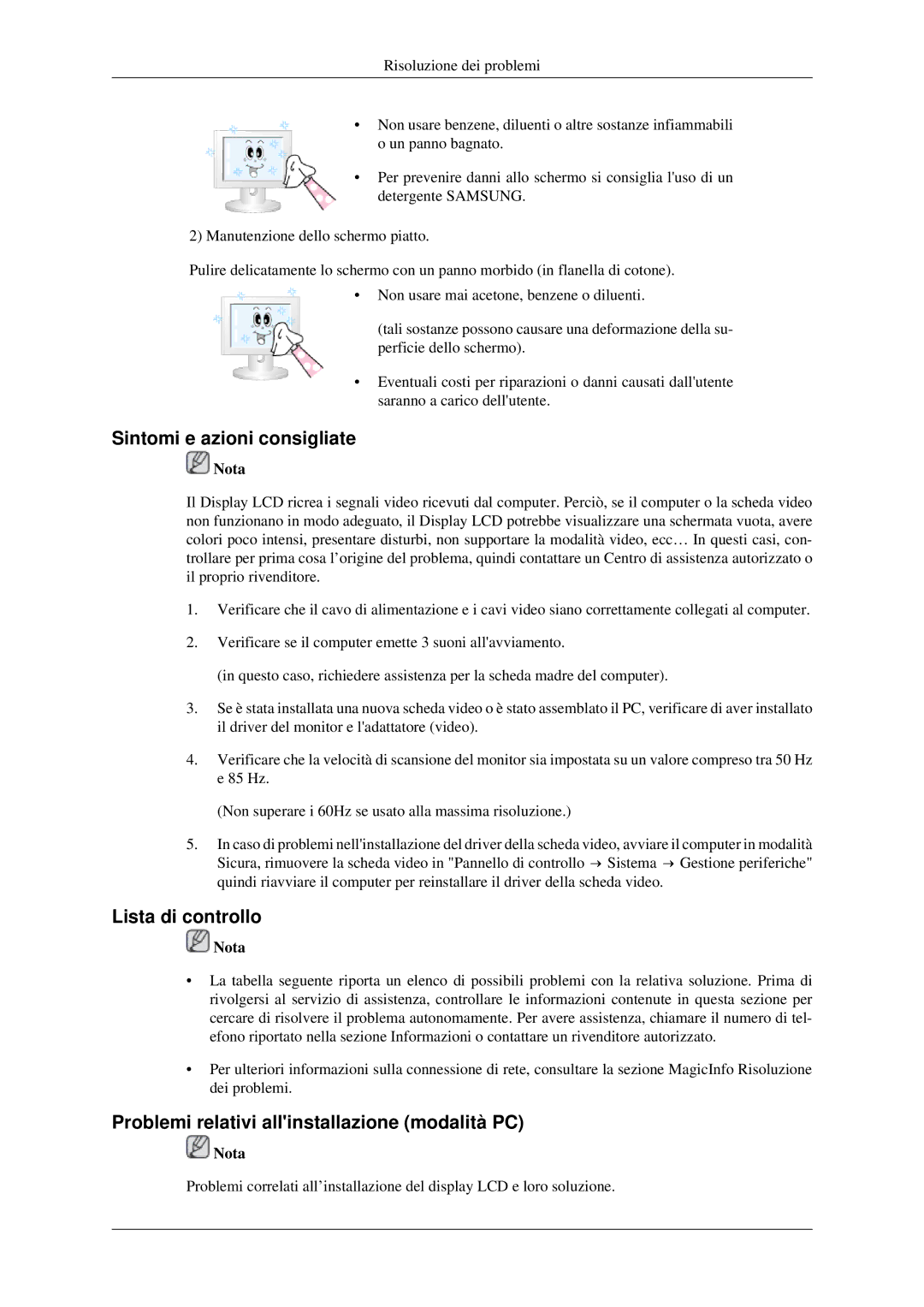 Samsung LH46TCTMBC/EN Sintomi e azioni consigliate, Lista di controllo, Problemi relativi allinstallazione modalità PC 