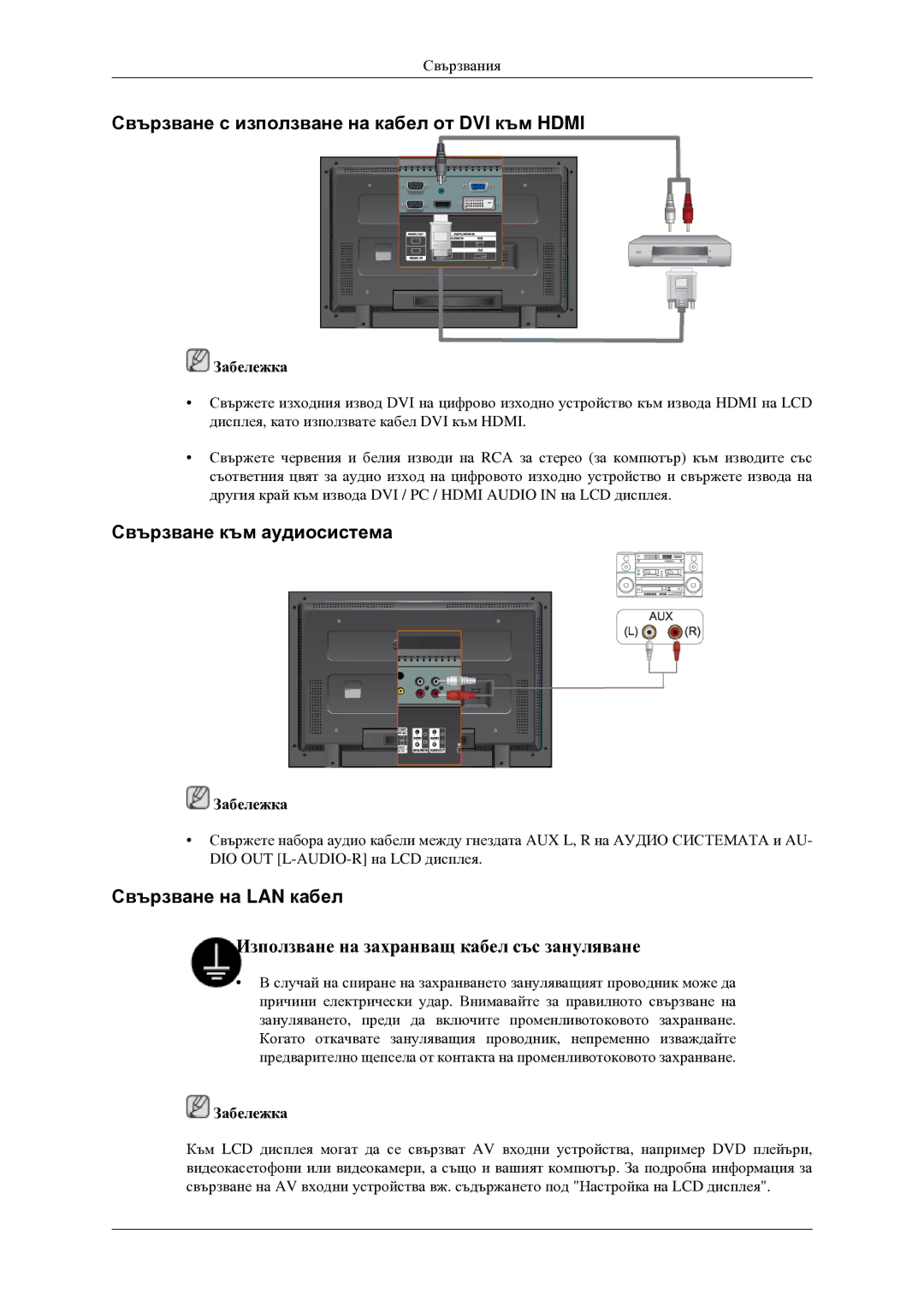 Samsung LH46TCTMBC/EN Свързване с използване на кабел от DVI към Hdmi, Свързване към аудиосистема, Свързване на LAN кабел 