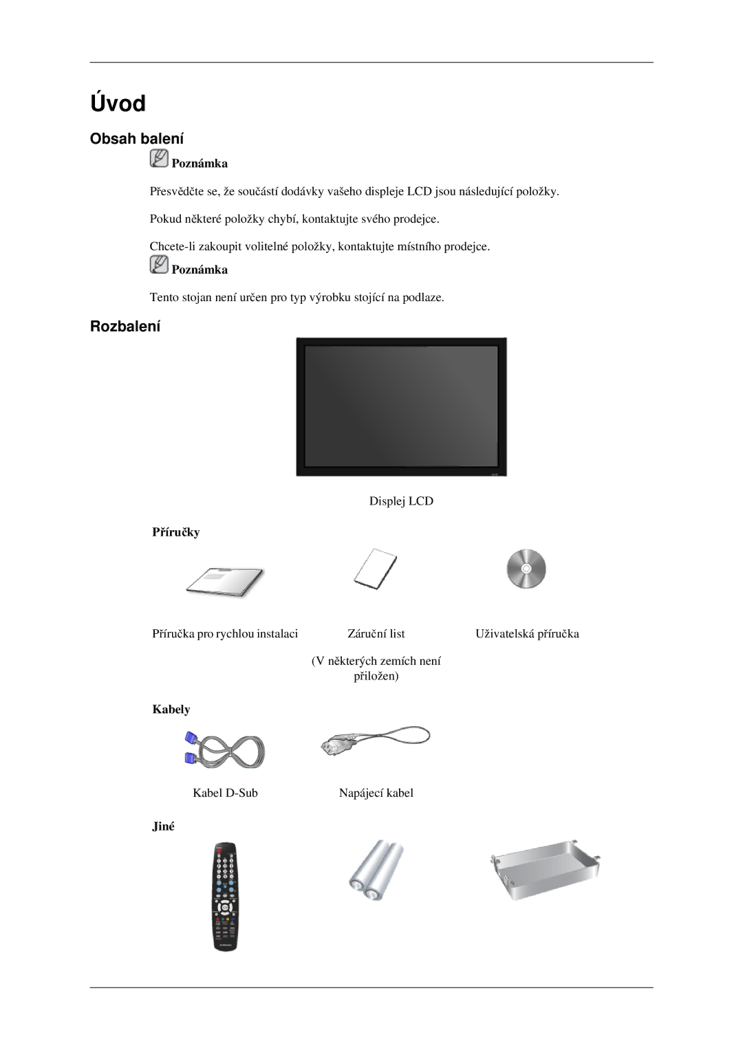 Samsung LH46TCTMBC/EN manual Obsah balení, Rozbalení, Příručky, Kabely, Jiné 