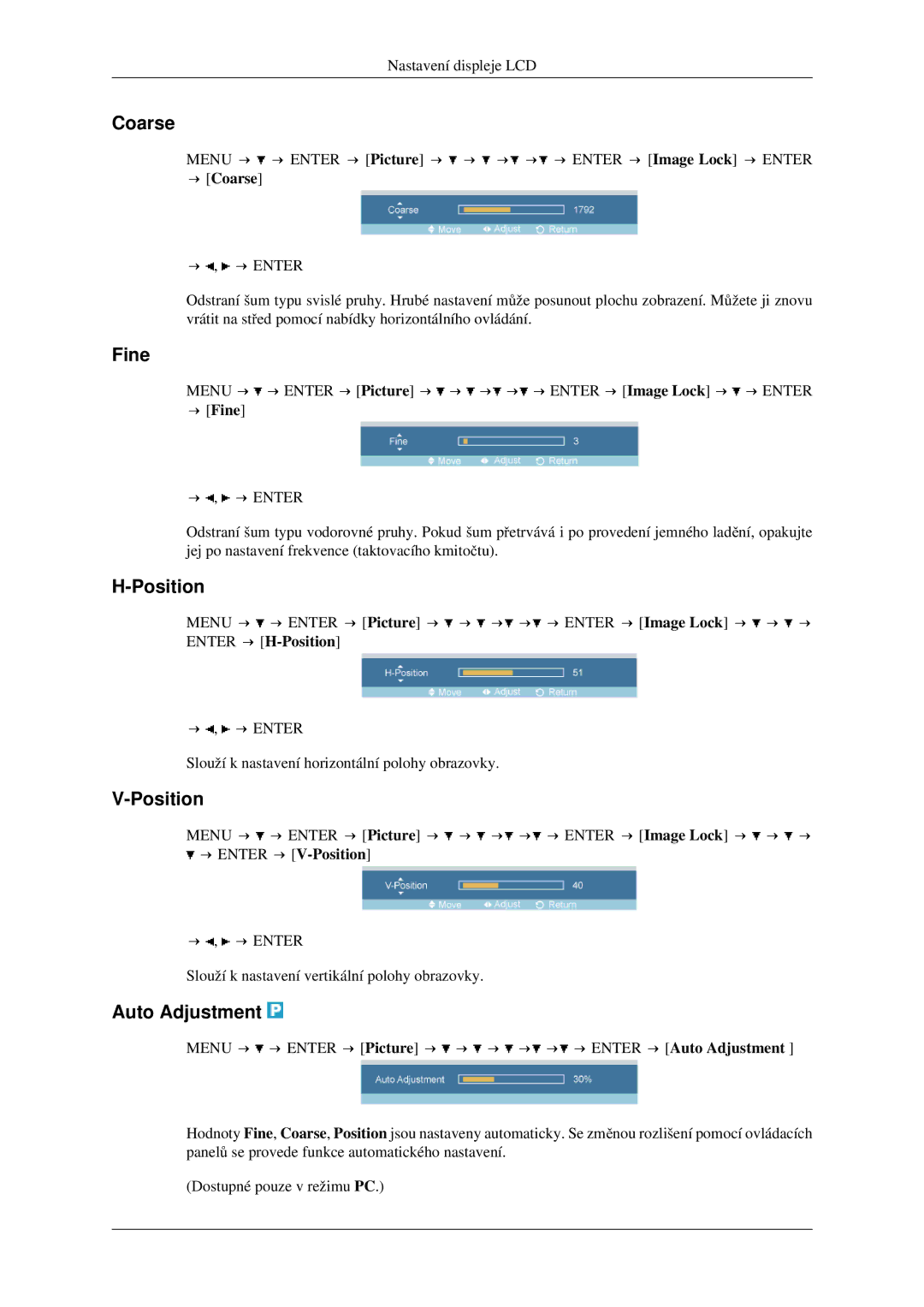 Samsung LH46TCTMBC/EN manual Coarse, Fine, Position, Auto Adjustment 