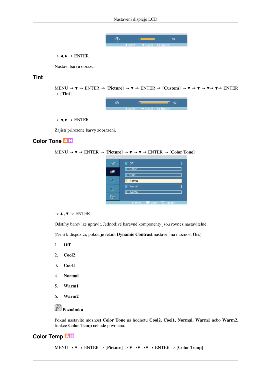 Samsung LH46TCTMBC/EN manual → Tint, Off Cool2 Cool1 Normal Warm1 Warm2 Poznámka 