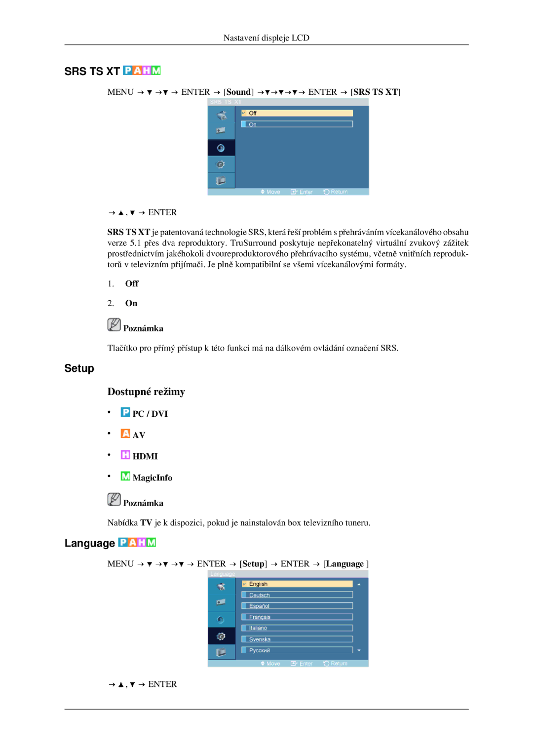 Samsung LH46TCTMBC/EN manual Setup, Language, Off Poznámka 