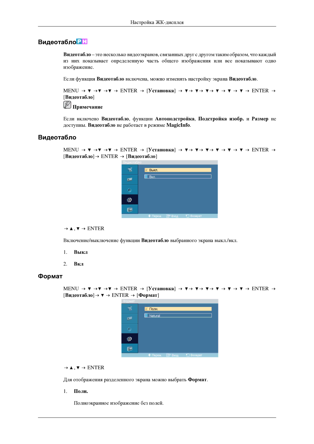 Samsung LH46TCTMBC/EN manual Видеотабло, Формат, Полн 