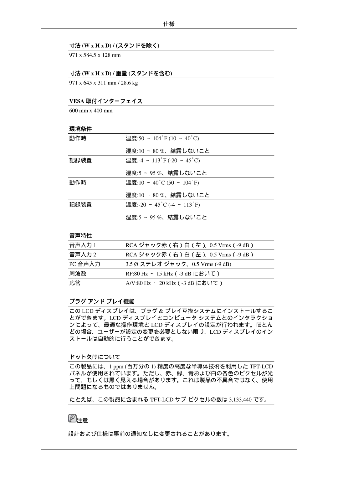 Samsung LH46TCTQBC/XJ manual Vesa 取付インターフェイス, 環境条件, 音声特性, プラグ アンド プレイ機能, ドット欠けについて 