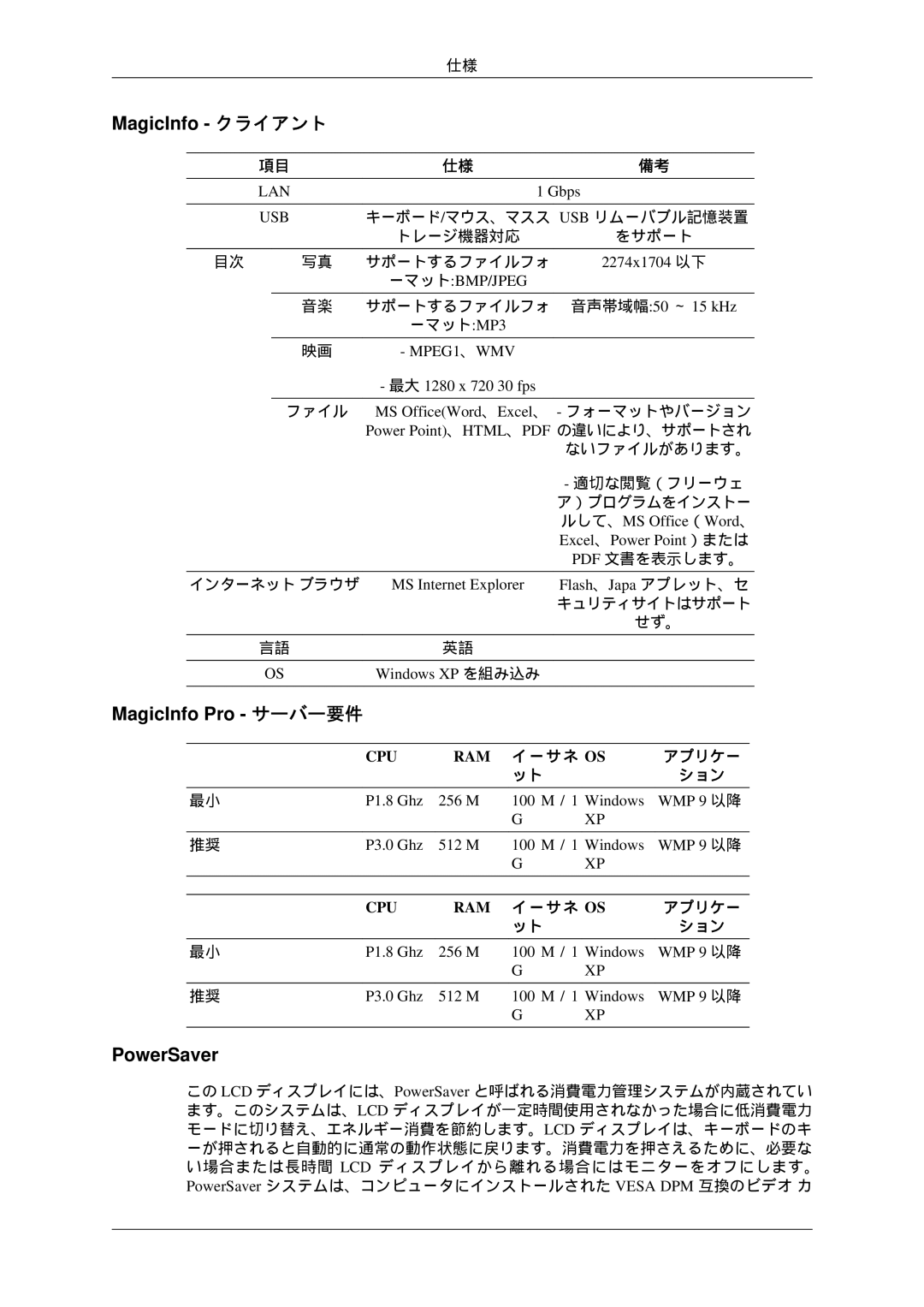 Samsung LH46TCTQBC/XJ manual MagicInfo クライアント, MagicInfo Pro サーバー要件, PowerSaver, サ ネ Os アプリケー ション 