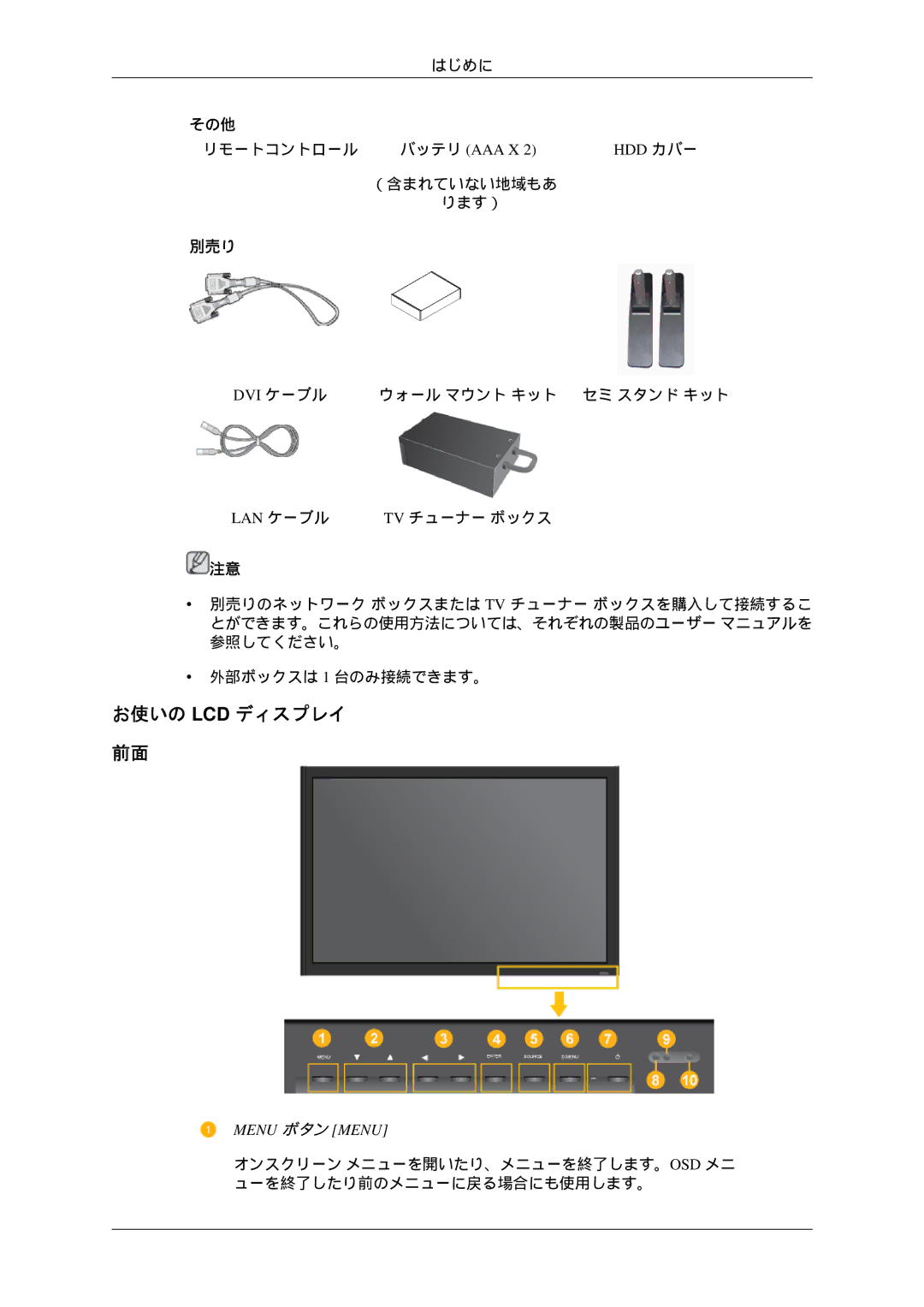 Samsung LH46TCTQBC/XJ manual お使いの Lcd ディスプレイ, バッテリ Aaa X Hdd カバー, 別売り, Dvi ケーブル 