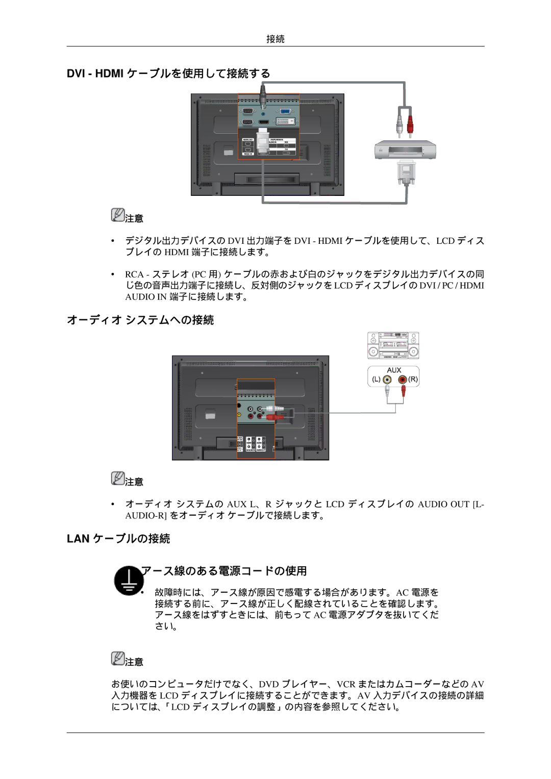 Samsung LH46TCTQBC/XJ manual DVI Hdmi ケーブルを使用して接続する, オーディオ システムへの接続, Lan ケーブルの接続 アース線のある電源コードの使用 