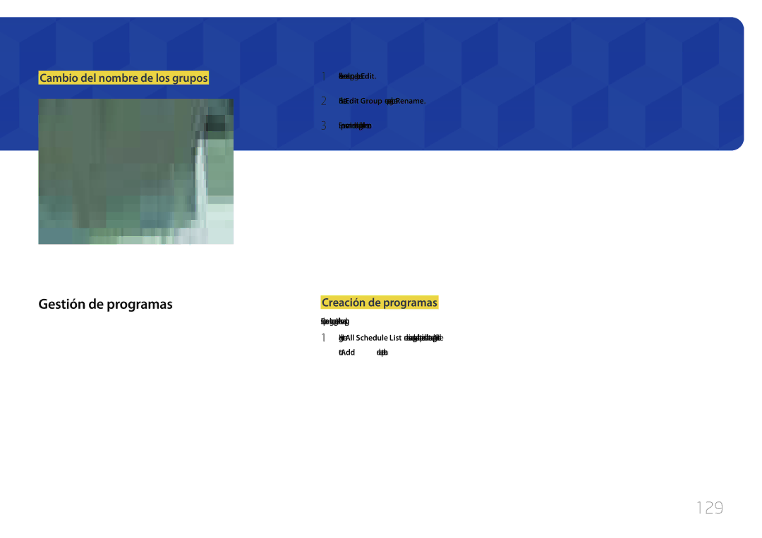 Samsung LH55UDCBLBB/EN, LH46UDCBLBB/EN 129, Gestión de programas, Cambio del nombre de los grupos, Creación de programas 