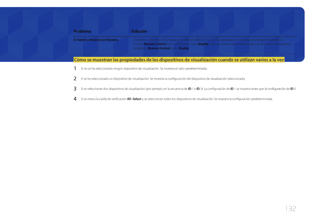 Samsung LH46UDCBLBB/EN, LH55UDCBLBB/EN manual 132, ProblemaSolución 