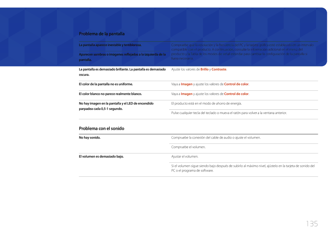 Samsung LH55UDCBLBB/EN, LH46UDCBLBB/EN manual 135, Problema con el sonido 