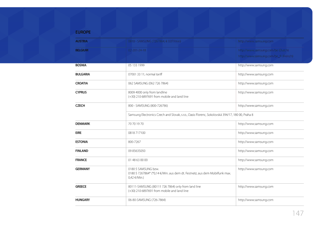 Samsung LH55UDCBLBB/EN, LH46UDCBLBB/EN manual 147, Europe 