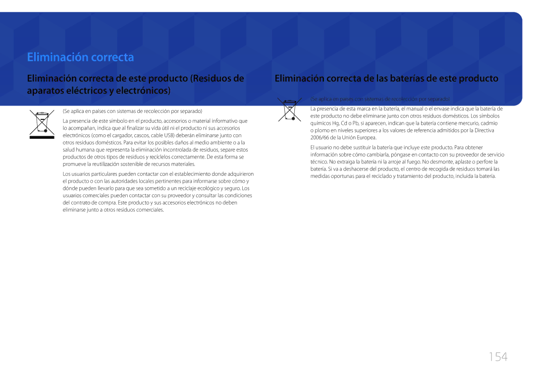 Samsung LH46UDCBLBB/EN, LH55UDCBLBB/EN manual 154, Eliminación correcta de las baterías de este producto 