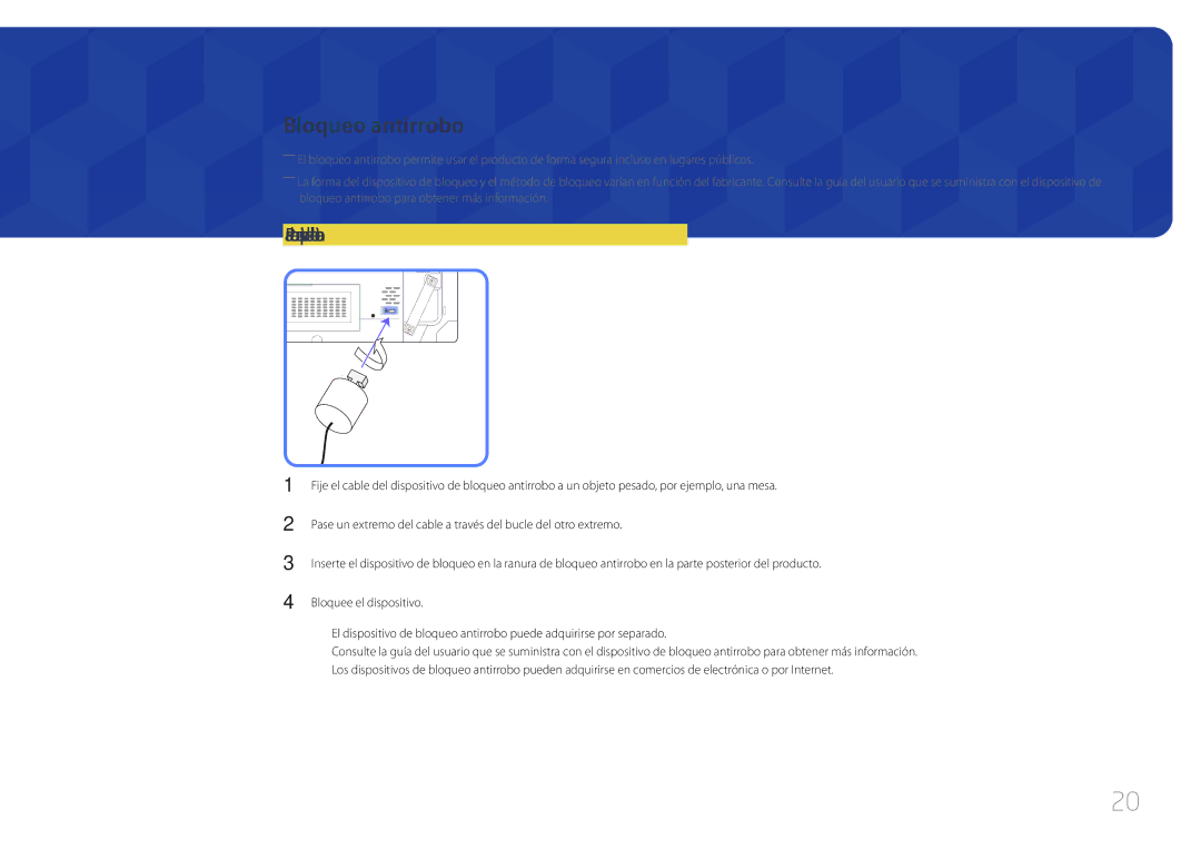 Samsung LH46UDCBLBB/EN, LH55UDCBLBB/EN manual Bloqueo antirrobo, Para bloquear un dispositivo de bloqueo antirrobo 