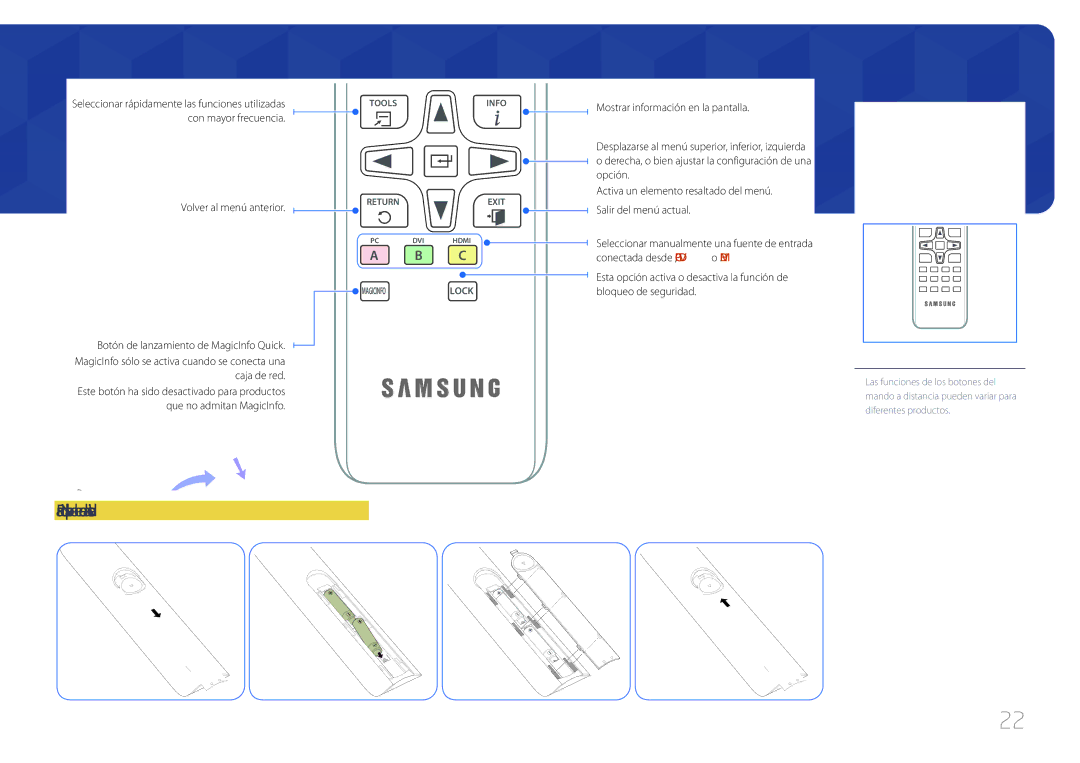 Samsung LH46UDCBLBB/EN, LH55UDCBLBB/EN manual Para introducir pilas en el mando a distancia 