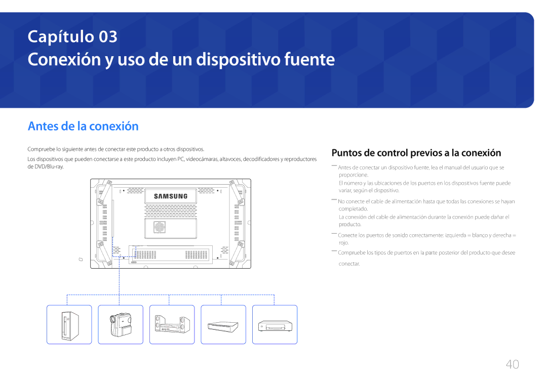 Samsung LH46UDCBLBB/EN, LH55UDCBLBB/EN manual Antes de la conexión, Puntos de control previos a la conexión 