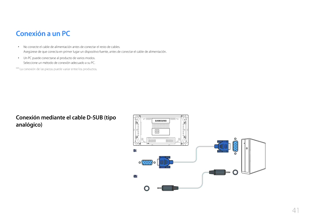 Samsung LH55UDCBLBB/EN, LH46UDCBLBB/EN manual Conexión a un PC, Conexión mediante el cable D-SUB tipo analógico 