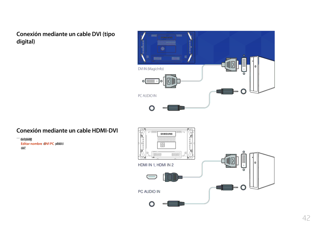 Samsung LH46UDCBLBB/EN, LH55UDCBLBB/EN Conexión mediante un cable DVI tipo digital, Conexión mediante un cable HDMI-DVI 