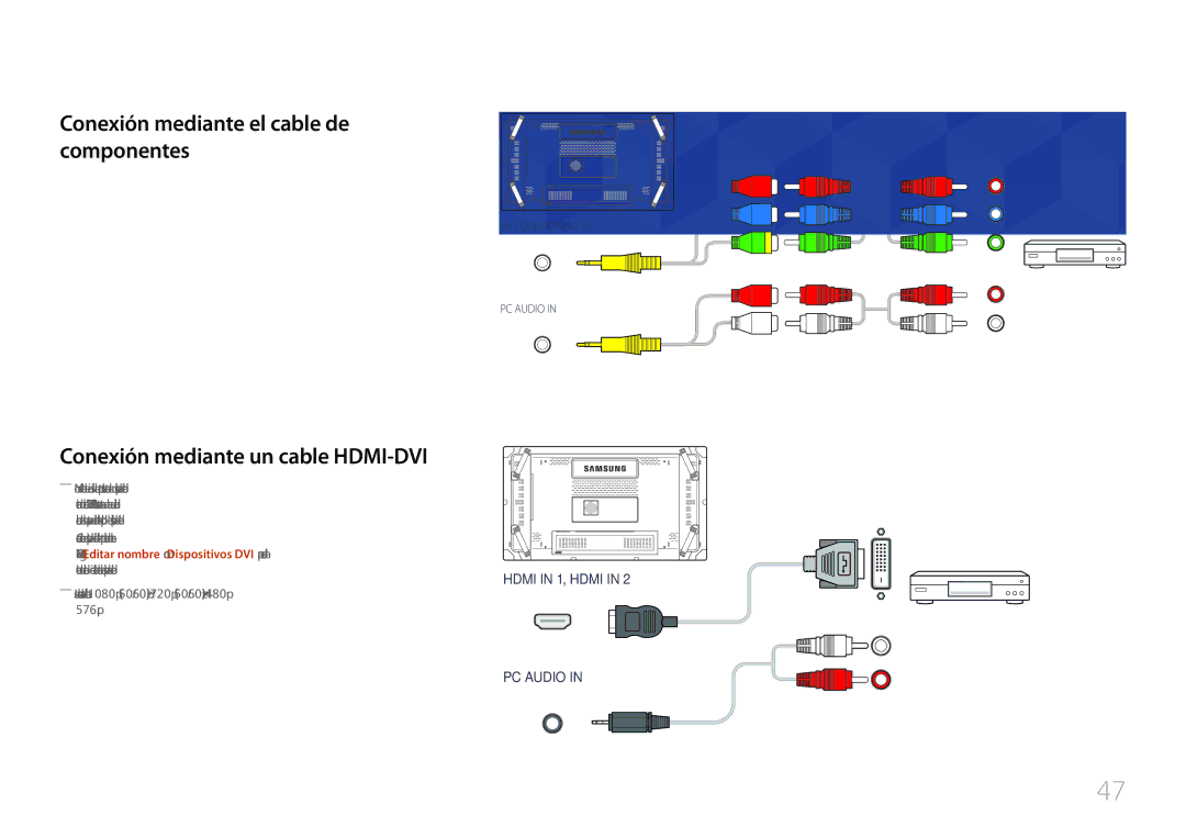 Samsung LH55UDCBLBB/EN, LH46UDCBLBB/EN manual Conexión mediante el cable de componentes, Conexión mediante un cable HDMI-DVI 