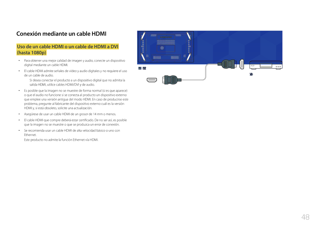 Samsung LH46UDCBLBB/EN, LH55UDCBLBB/EN manual Uso de un cable Hdmi o un cable de Hdmi a DVI hasta 1080p, Hdmi in 1, Hdmi 