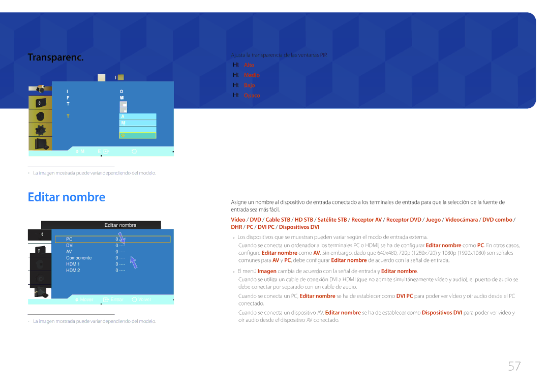 Samsung LH55UDCBLBB/EN, LH46UDCBLBB/EN manual Editar nombre, Transparenc, Alto Medio Bajo Opaco 