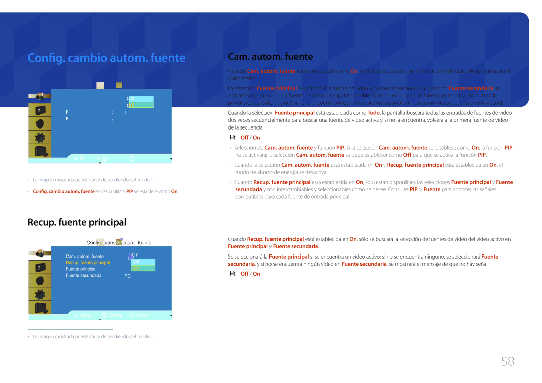 Samsung LH46UDCBLBB/EN, LH55UDCBLBB/EN manual Config. cambio autom. fuente, Recup. fuente principal, Cam. autom. fuente 