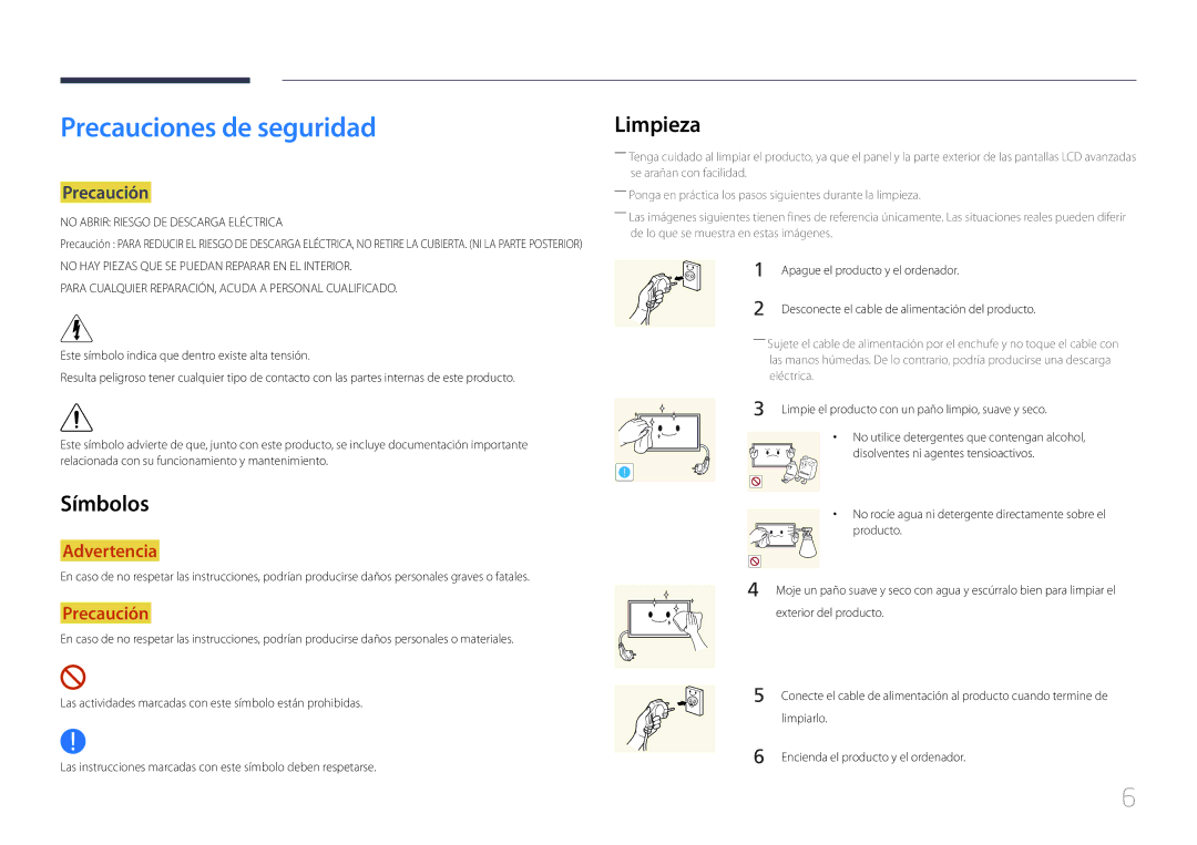 Samsung LH46UDCBLBB/EN, LH55UDCBLBB/EN manual Precauciones de seguridad, Limpieza, Símbolos, Precaución 