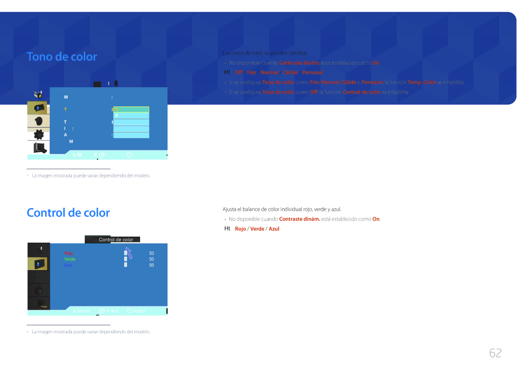 Samsung LH46UDCBLBB/EN manual Tono de color, Control de color, Off / Frío / Normal / Cálido / Personal, Rojo / Verde / Azul 
