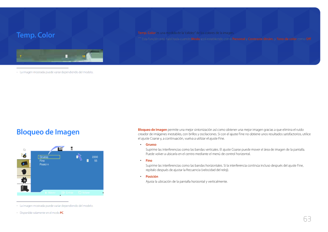 Samsung LH55UDCBLBB/EN, LH46UDCBLBB/EN manual Temp. Color, Bloqueo de Imagen, Grueso, Fino, Posición 