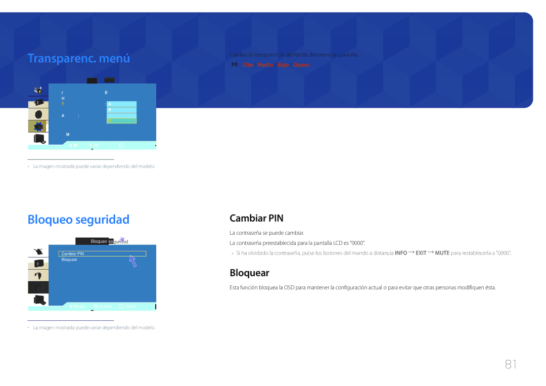 Samsung LH55UDCBLBB/EN manual Transparenc. menú, Bloqueo seguridad, Cambiar PIN, Bloquear, Alto / Medio / Bajo / Opaco 