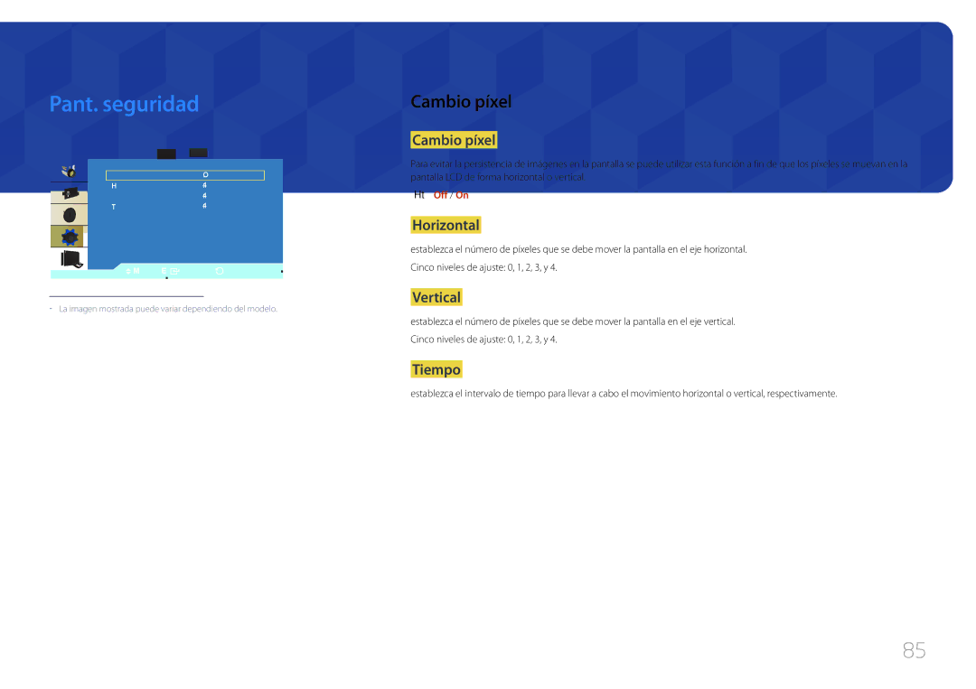 Samsung LH55UDCBLBB/EN, LH46UDCBLBB/EN manual Pant. seguridad, Cambio píxel 